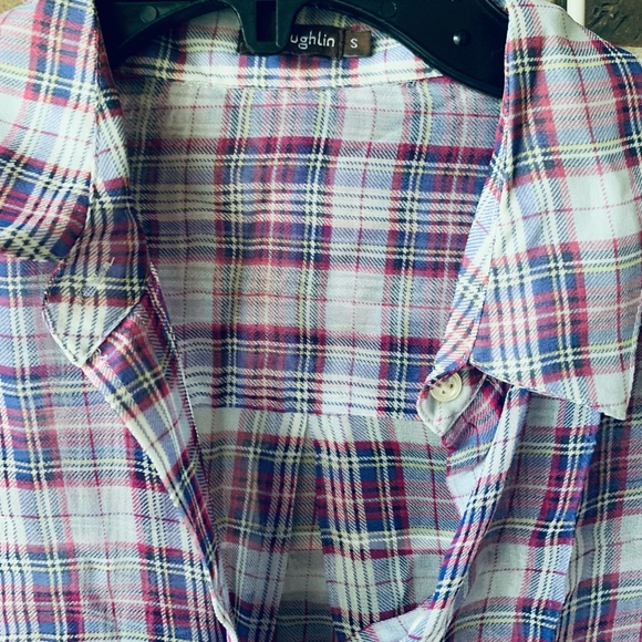 McLaughlin top small 100% silk purple lavender checkered button up down - Picture 3 of 6